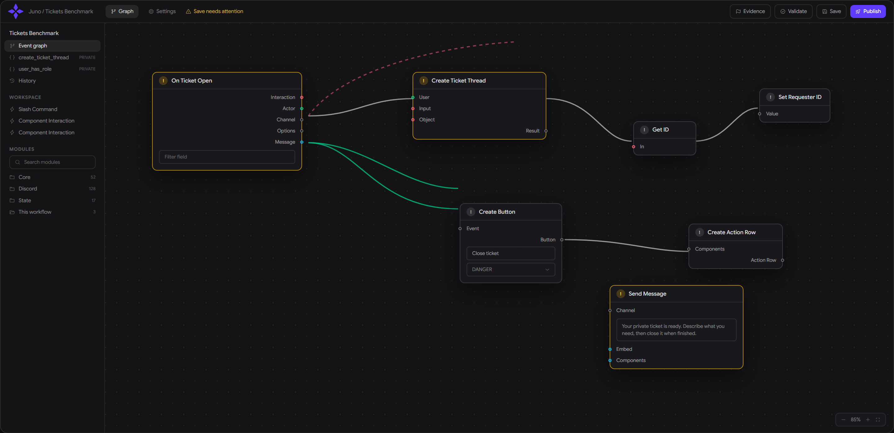 The Juno workflow editor, showing a ticket workflow as connected nodes on a canvas